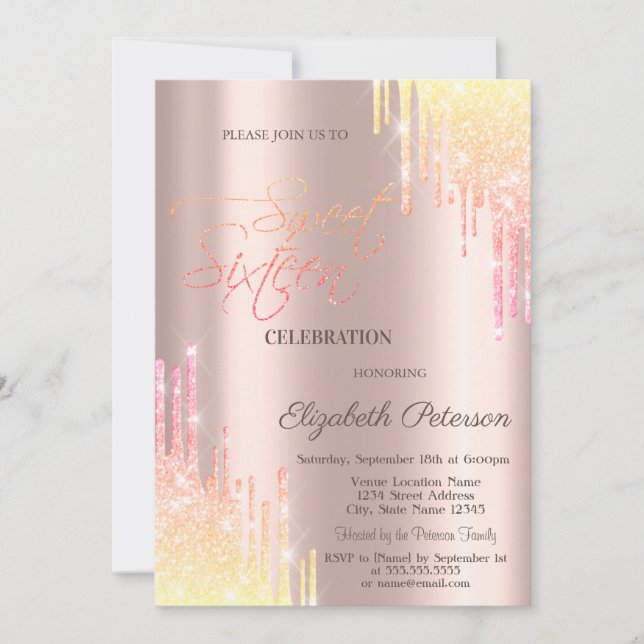  Cool Ombre Glitter Drips Rose Gold  Sweet 16 Invitation (Front)