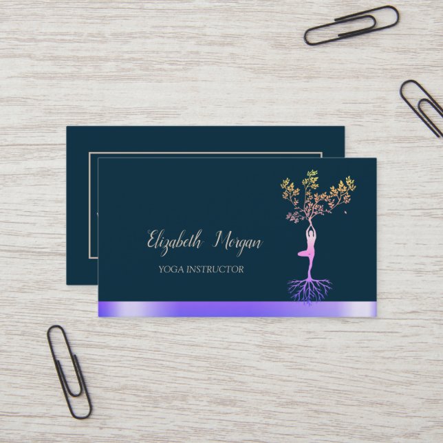 Cool Ombre Tree Women Silhouette, Yoga Instructor Business Card (Front/Back In Situ)