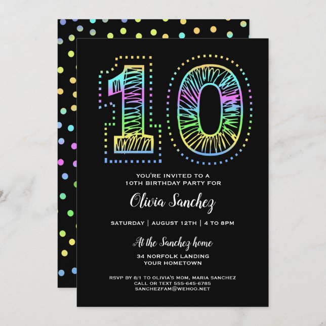 Cool on Black Fun 10th Birthday Party Invitation (Front/Back)