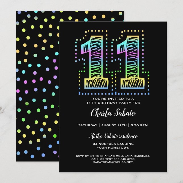 Cool on Black Fun 11th Birthday Party Invitation (Front/Back)
