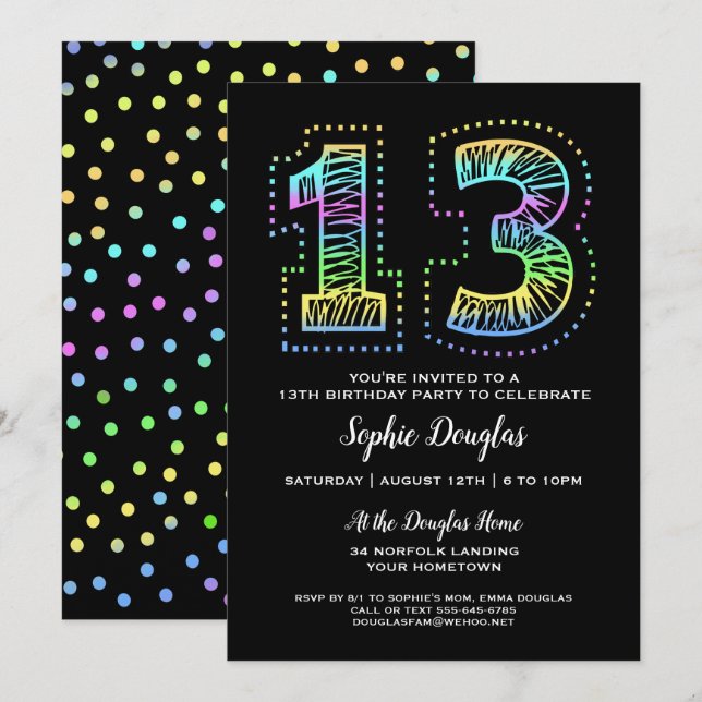 Cool on Black Fun 13th Birthday Party Invitation (Front/Back)
