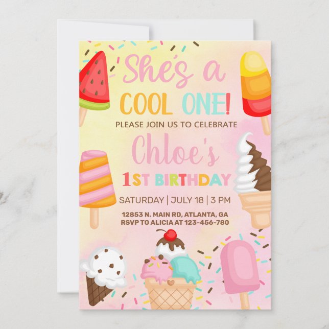 Cool One 1st, first girl birthday popsicle invite. Invitation (Front)