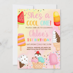 Cool One 1st, first girl birthday popsicle invite. Invitation