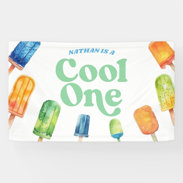 Cool One Blue Retro Popsicle 1st Birthday Party Banner (Horizontal)