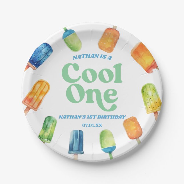 Cool One Blue Retro Popsicle 1st Birthday Party Paper Plate (Front)