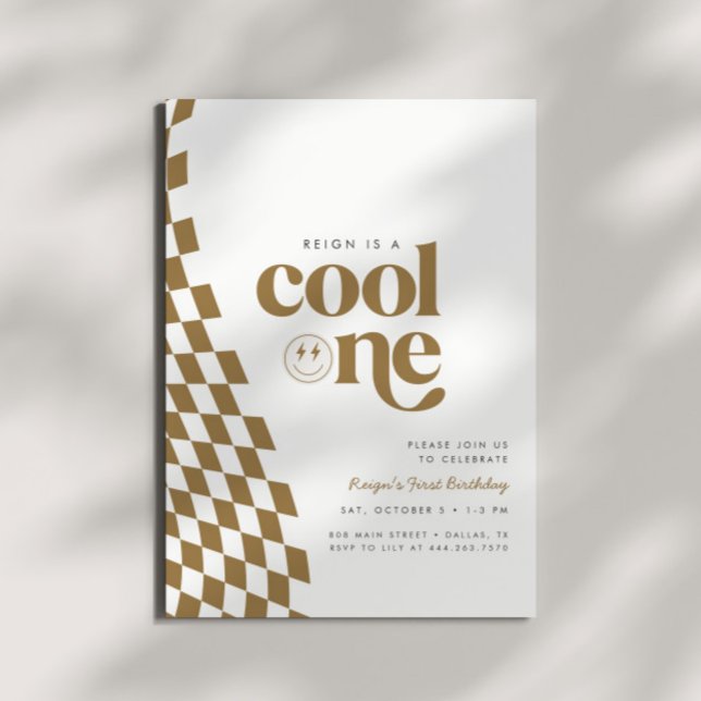 Cool One Boy's First Birthday Gold Chequered Retro Invitation (Creator Uploaded)
