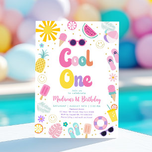 Cool One Girl Summer Pool Party First Birthday Invitation