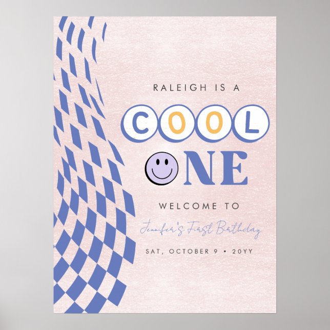 Cool One Girl's First Birthday Chequered Retro Poster (Front)