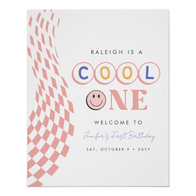 Cool One Girl's First Birthday Chequered Retro Poster (Front)