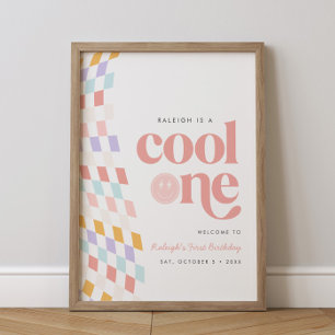 Cool One Girl's First Birthday Chequered Retro Poster