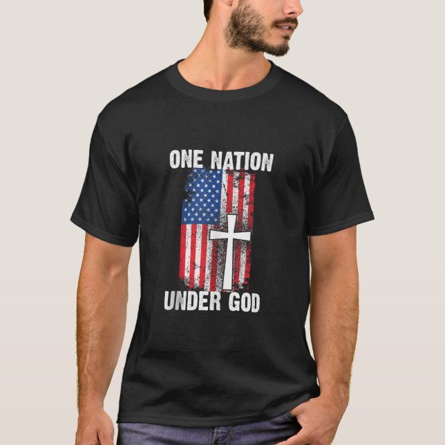 Cool One Nation Under God Funny USA Flag Cross Pat T-Shirt (Front)