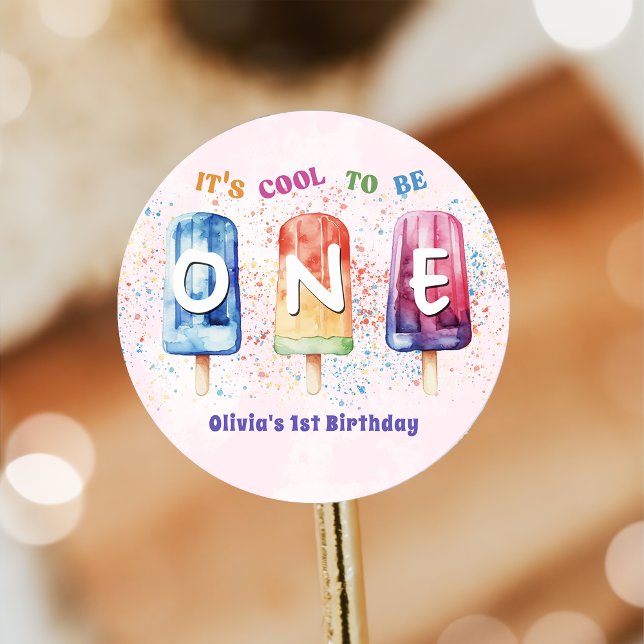 Cool One Pink Popsicle 1st Birthday Party Sticker (Creator Uploaded)