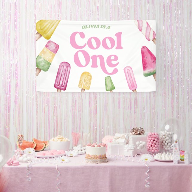 Cool One Pink Retro Popsicle 1st Birthday Party Banner (Party)