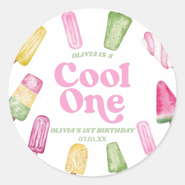 Cool One Pink Retro Popsicle 1st Birthday Party Classic Round Sticker (Front)