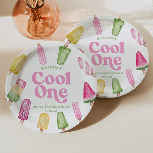 Cool One Pink Retro Popsicle 1st Birthday Party Paper Plate