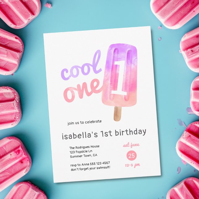 Cool One Popsicle Girl 1st Birthday Invitation ( Invite shown in 5 x 7 inches, choose size, paper + corner style. Get prints or digital invitations.)