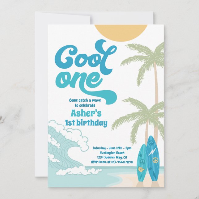 Cool One Retro Surf 1st Birthday Party Invitation (Front)