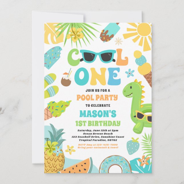 Cool One Tropical Summer Beach 1st Birthday Party Invitation (Front)