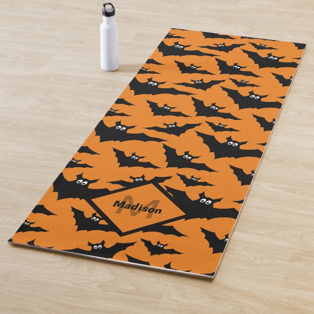 Cool orange black bats Halloween pattern Monogram Yoga Mat (In Situ)
