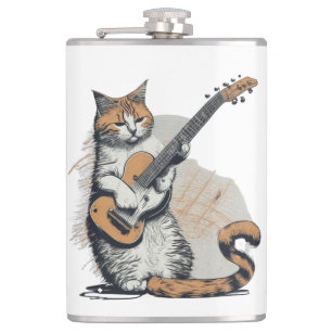 Cool Orange Cat Jamming on the Guitar Hip Flask
