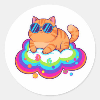 Cool Orange Cat Wearing Sunglasses on Rainbow Clou Classic Round Sticker