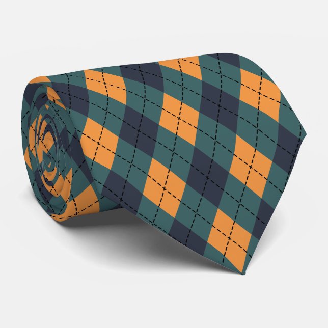 cool orange green tiled pattern argyle tie (Rolled)