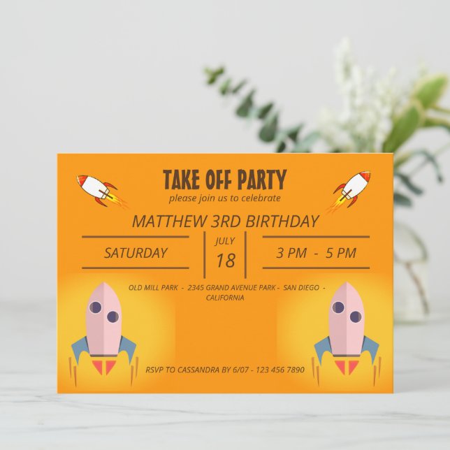 Cool  Orange Space Ship Take Off Birthday Party  Invitation (Standing Front)