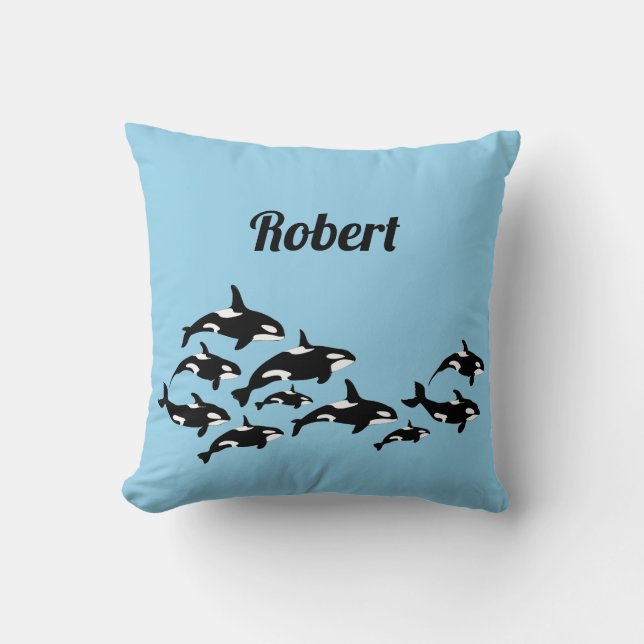 Cool Orca Whales Personalised Blue Cushion (Front)