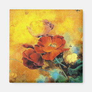 Cool oriental chinese red poppy flower watercolor magnet