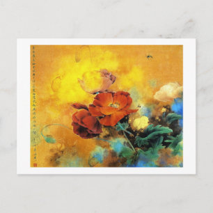 Cool oriental chinese red poppy flower watercolor postcard