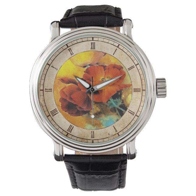 Cool oriental chinese red poppy flower watercolor watch (Front)