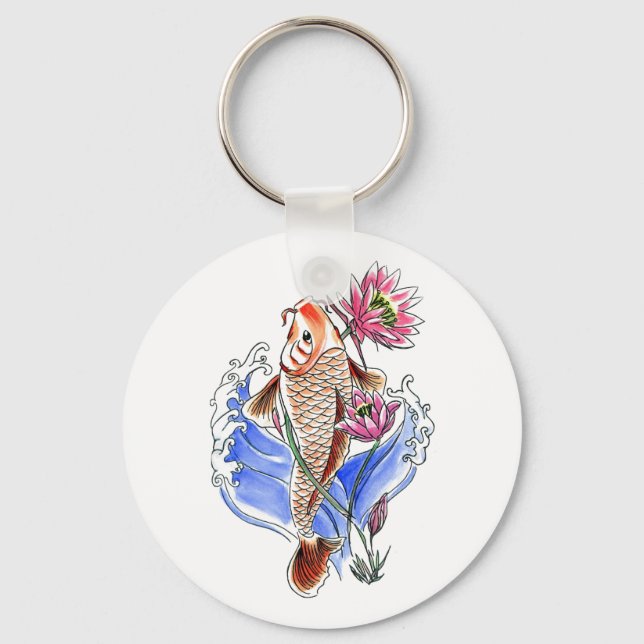 Cool Oriental Classic Koi Carp Fish Lotus tattoo Key Ring (Front)