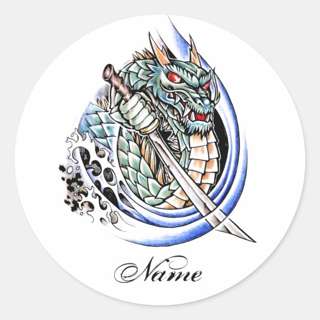 Cool Oriental Dragon with Sword tattoo Classic Round Sticker (Front)