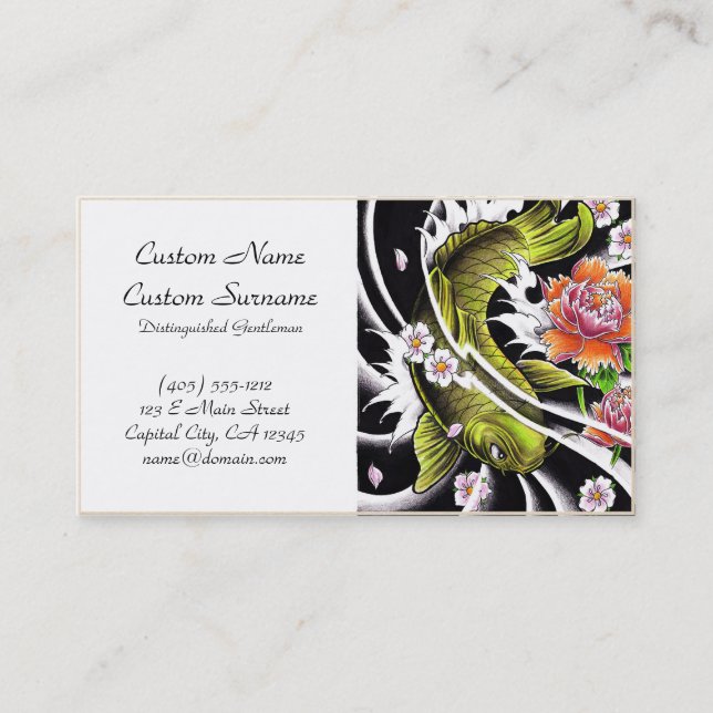 Cool oriental japanese black ink lucky koi fish business card (Front)
