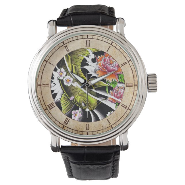 Cool oriental japanese black ink lucky koi fish watch (Front)