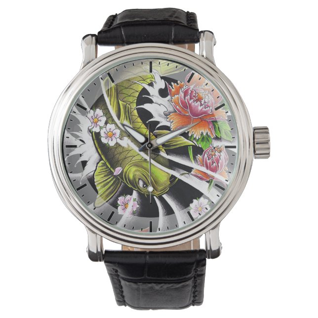 Cool oriental japanese black ink lucky koi fish watch (Front)