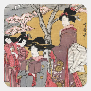 Cool oriental japanese classic geisha lady art square sticker