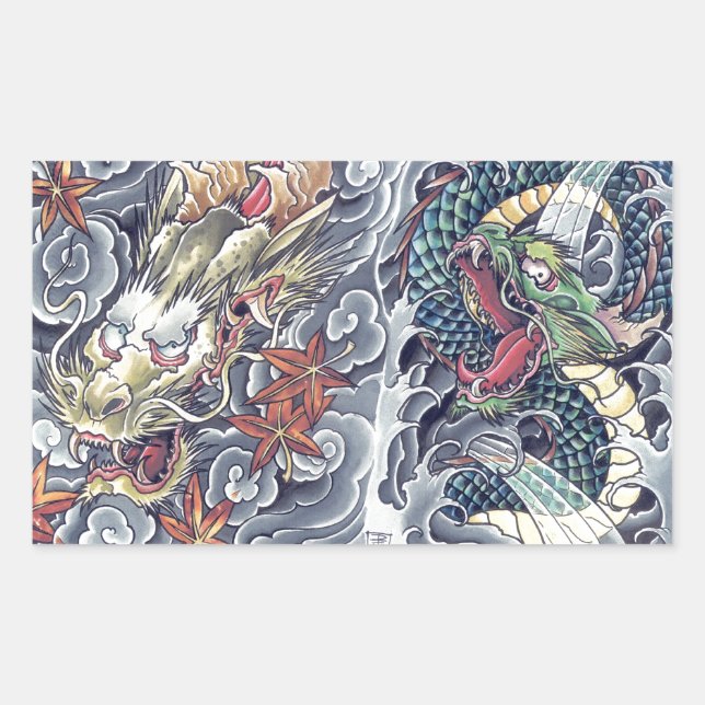 Cool oriental japanese dragon god tattoo storm rectangular sticker (Front)