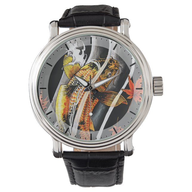 Cool oriental japanese Gold Lucky Koi Fish tattoo Watch (Front)