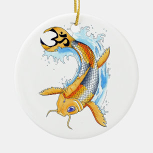 Cool Oriental Japanese Gold Lucky Koi tattoo Ceramic Tree Decoration