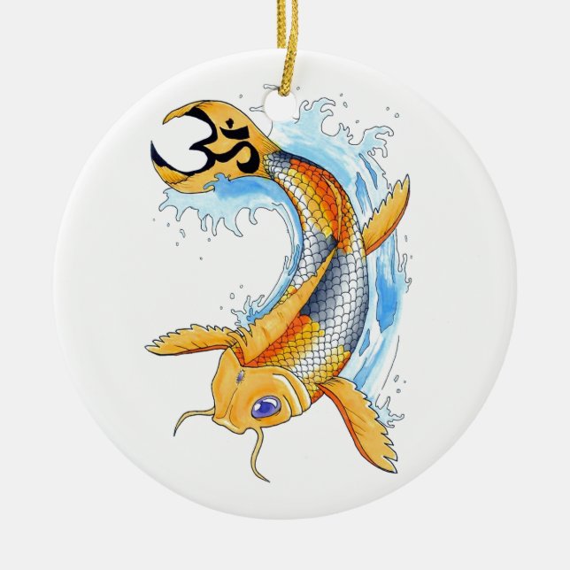 Cool Oriental Japanese Gold Lucky Koi tattoo Ceramic Tree Decoration (Front)