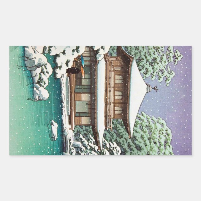 Cool oriental japanese Hasui Kawase winter scene Rectangular Sticker (Front)