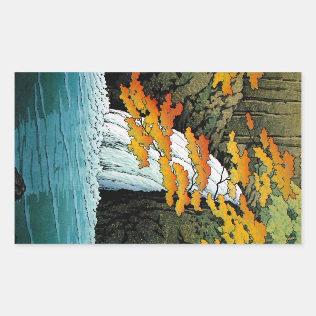 Cool oriental japanese Kawase Senju Waterfall art Rectangular Sticker (Front)