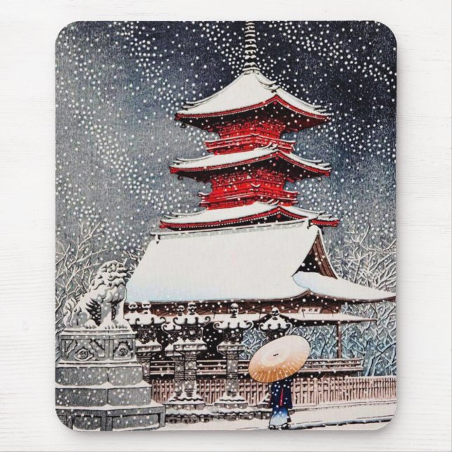 Cool oriental japanese Kawase winter scenery art Mouse Mat (Front)