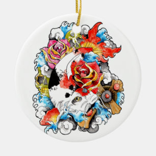 Cool Oriental Japanese Koi Carp Fish Flowers Ceramic Tree Decoration