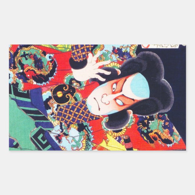 Cool oriental japanese kunichika samurai warrior rectangular sticker (Front)