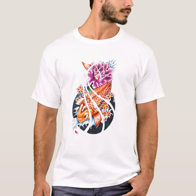 Cool Oriental Japanese Orange Koi Fish Carp Lotus T-Shirt (Front)