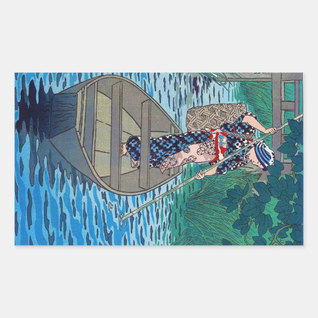 Cool oriental japanese river boat fishing woman rectangular sticker (Front)