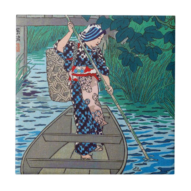Cool oriental japanese river boat fishing woman tile (Front)