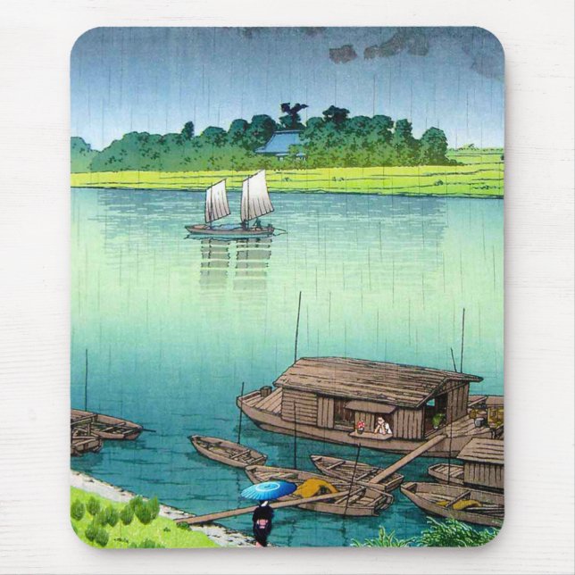 Cool oriental japanese scenery river side rain art mouse mat (Front)